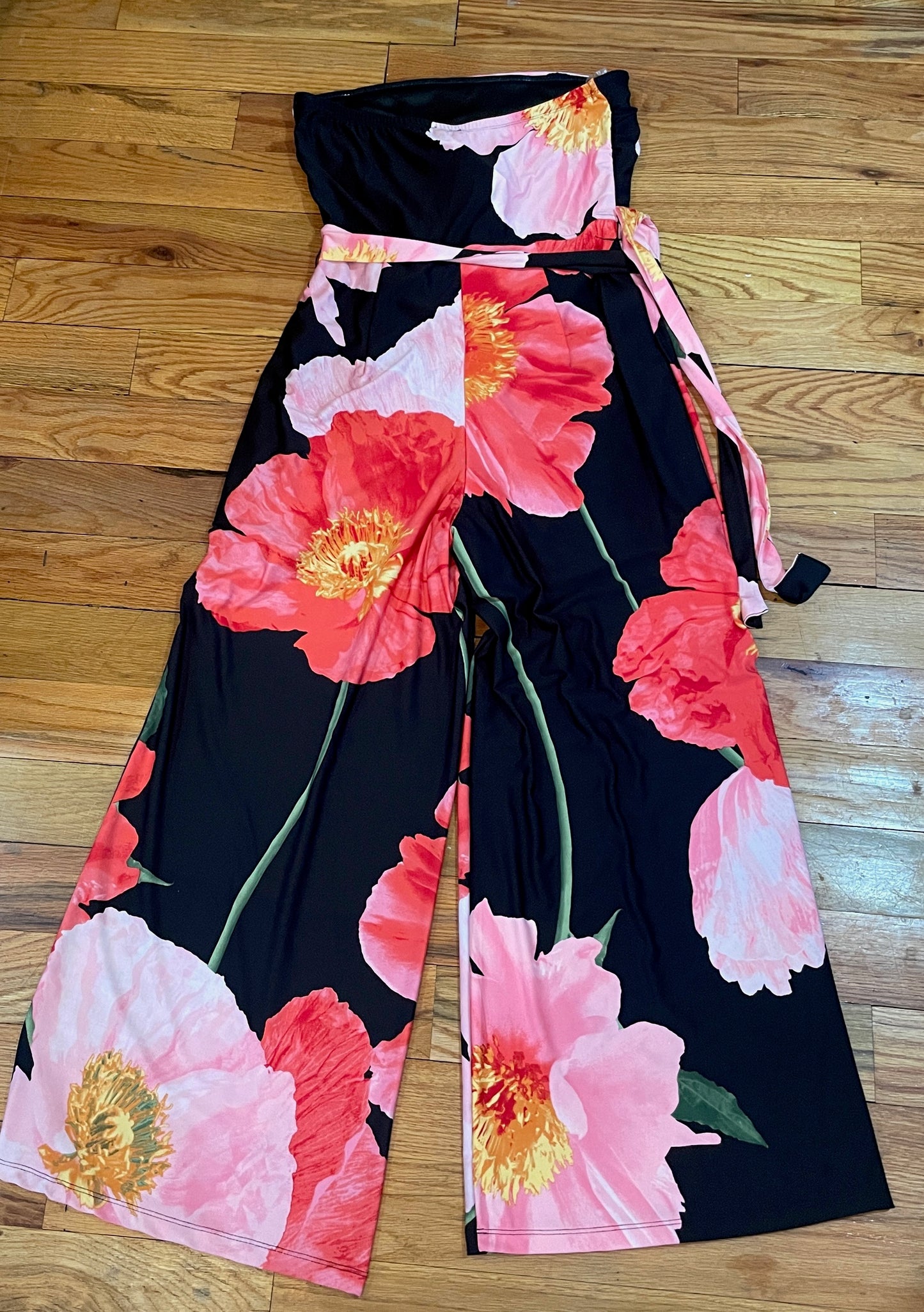 Women's Large Flower Poppie strapless Tube Jumpsuit Jumper belted