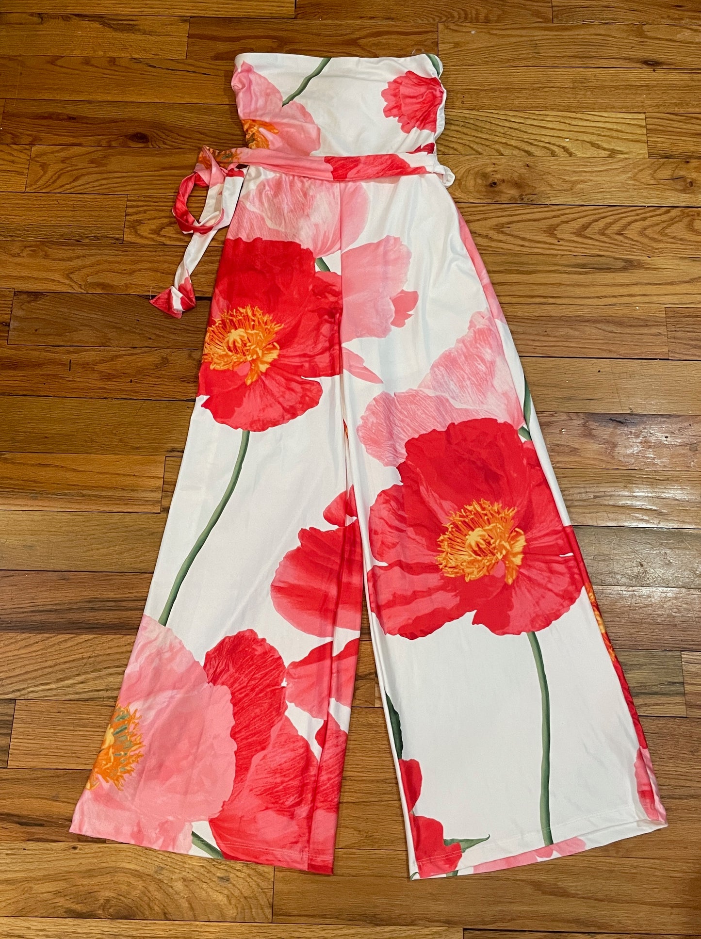 Women's Large Flower Poppie strapless Tube Jumpsuit Jumper belted