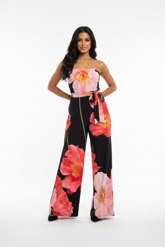 Women's Large Flower Poppie strapless Tube Jumpsuit Jumper belted Black