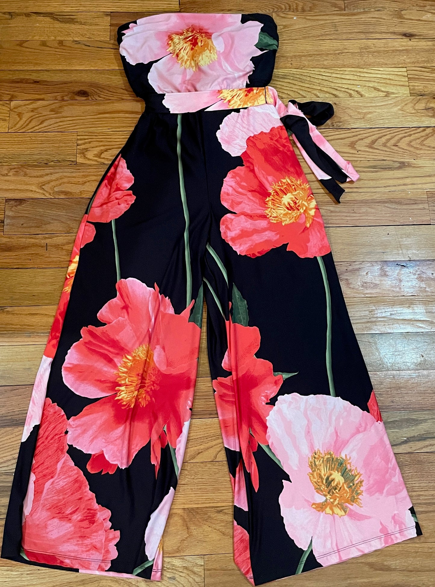 Women's Large Flower Poppie strapless Tube Jumpsuit Jumper belted