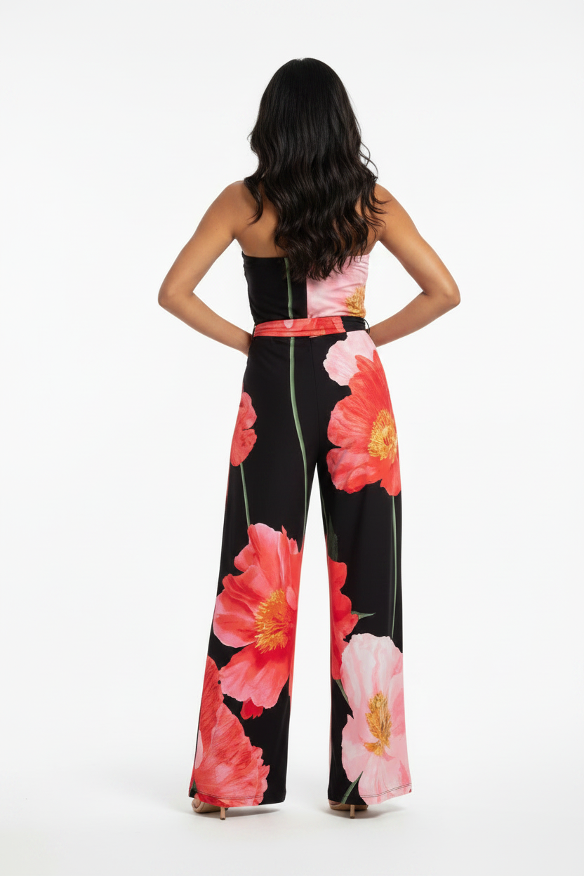 Women's Large Flower Poppie strapless Tube Jumpsuit Jumper belted