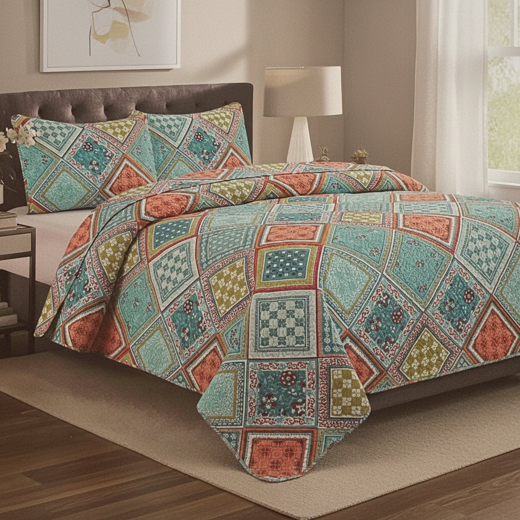 3 Piece Quilt Set REVERSIBLE Pattered Printed  Bedding Bed MONICA TWIN  Sizes