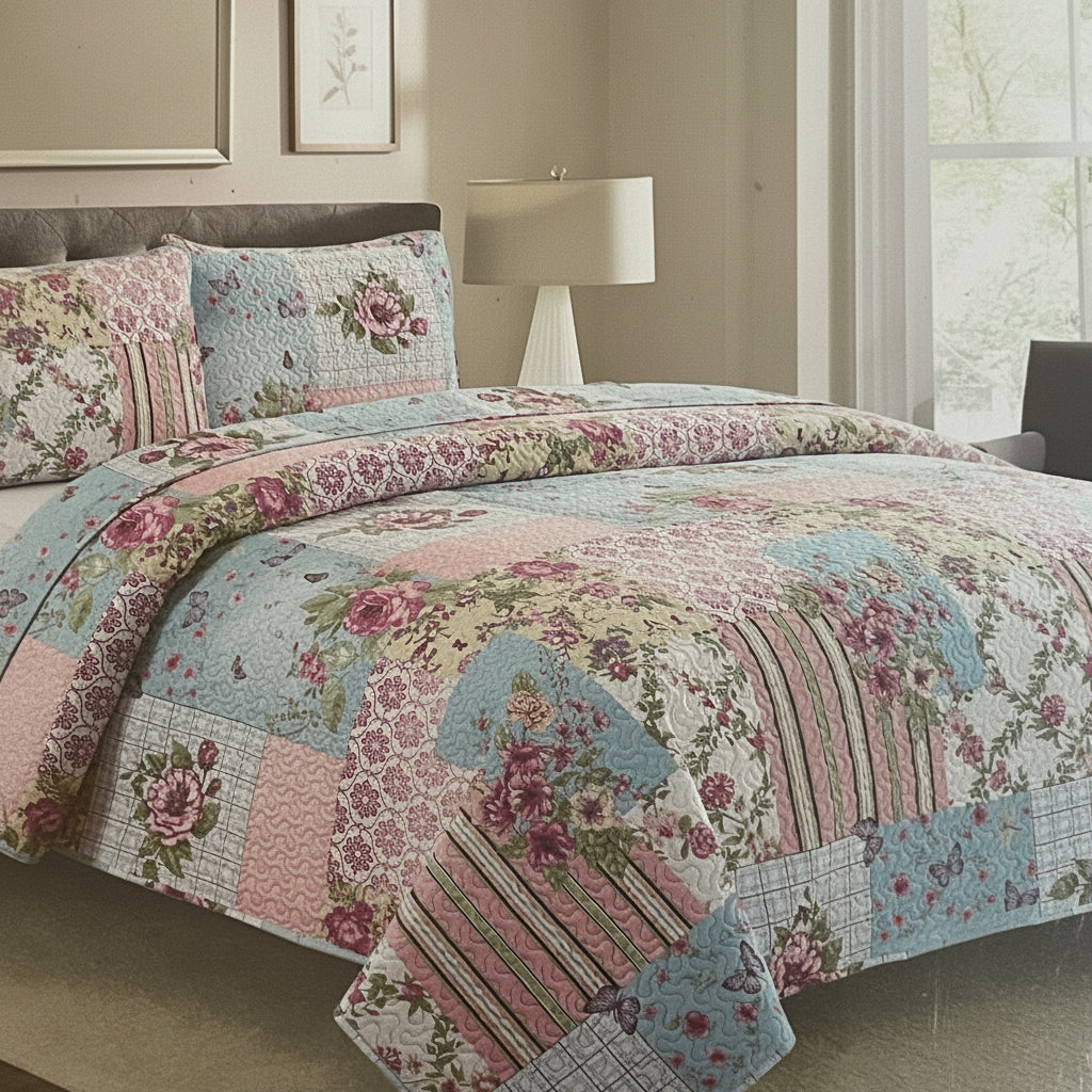 3 Piece Quilt Set REVERSIBLE Pattered Printed  Bedding Bed MONICA TWIN  Sizes