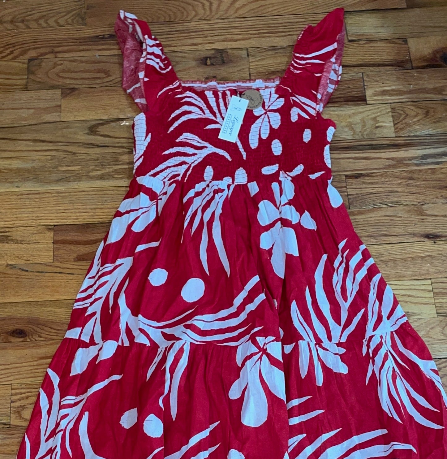 Women's PLUS Anthropologie Red Linen Cotton  Blend  tropical leaf print smocked maxi dress (Copy)