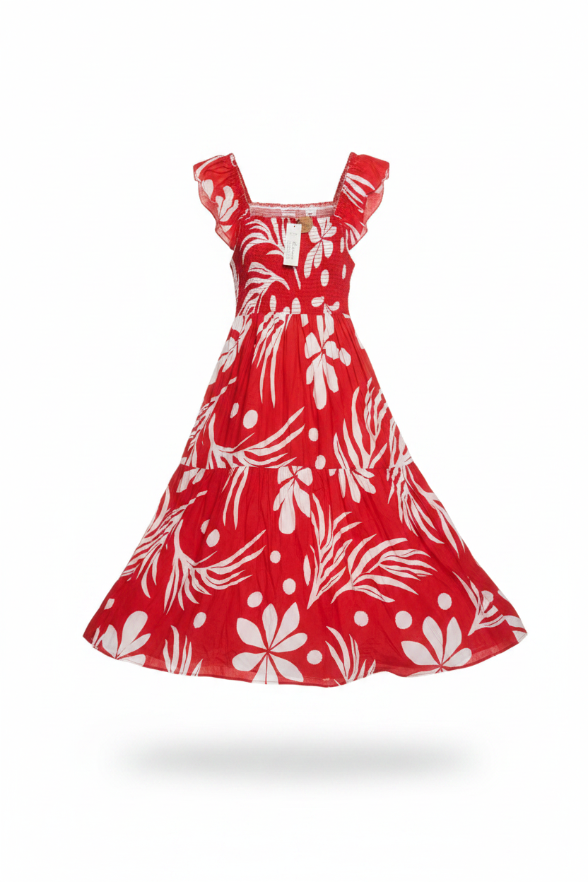 Women's PLUS Anthropologie Red Linen Cotton Blend tropical leaf print smocked maxi dress