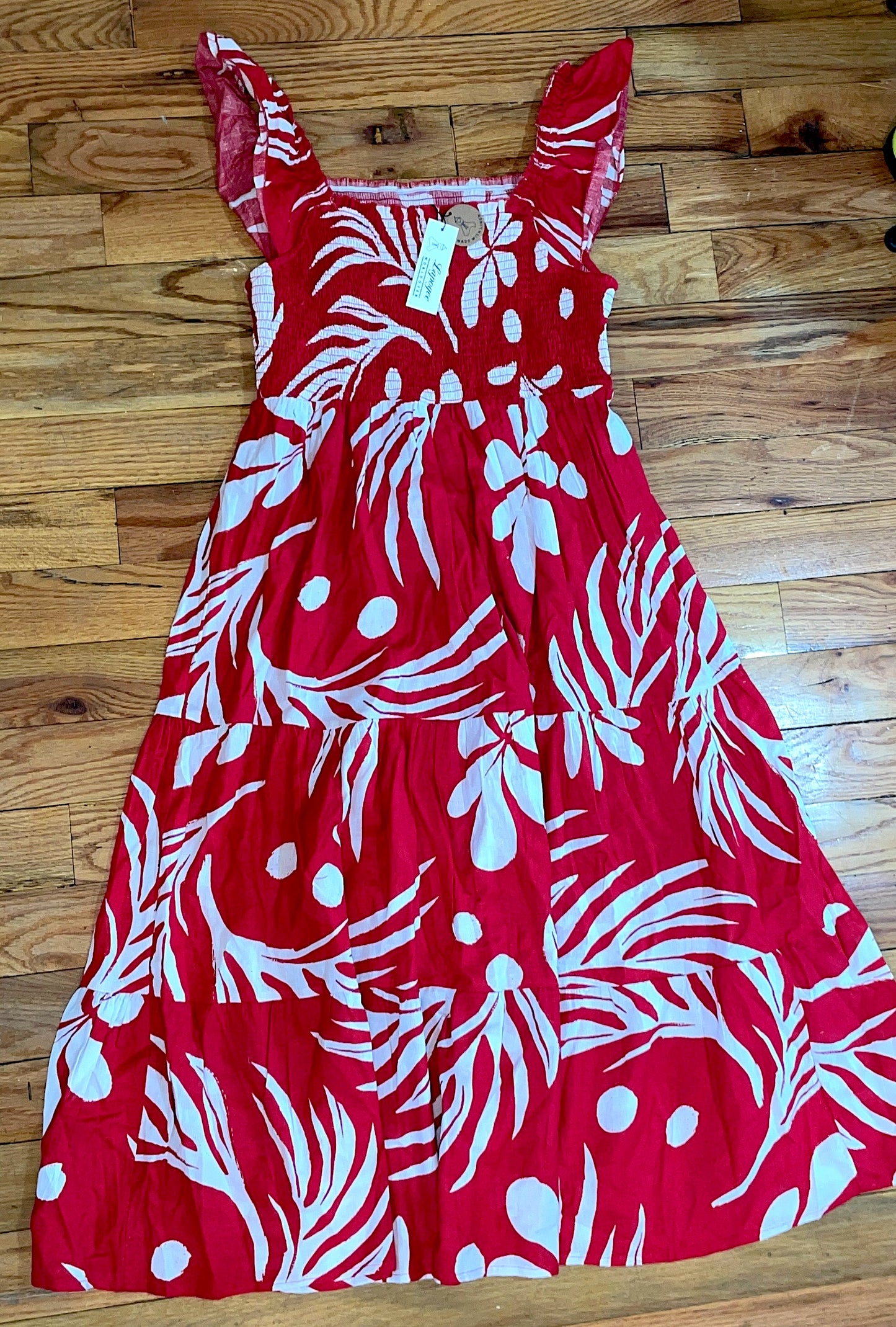 Women's PLUS Anthropologie Red Linen Cotton  Blend  tropical leaf print smocked maxi dress (Copy)