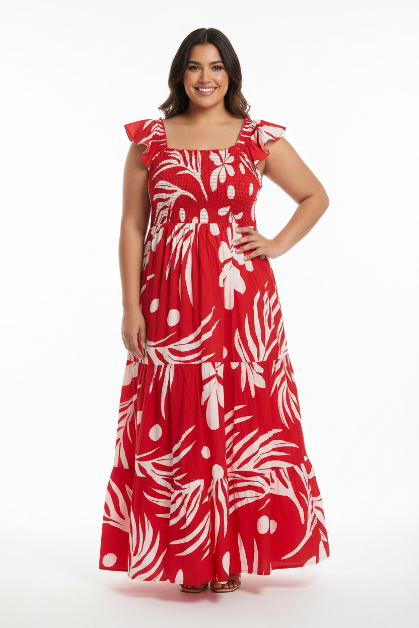 Women's PLUS Anthropologie Red Linen Cotton  Blend  tropical leaf print smocked maxi dress (Copy)