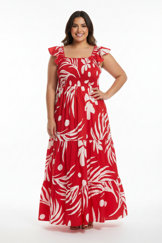 Women's PLUS Anthropologie Red Linen Cotton  Blend tropical leaf print smocked maxi dress (Copy)