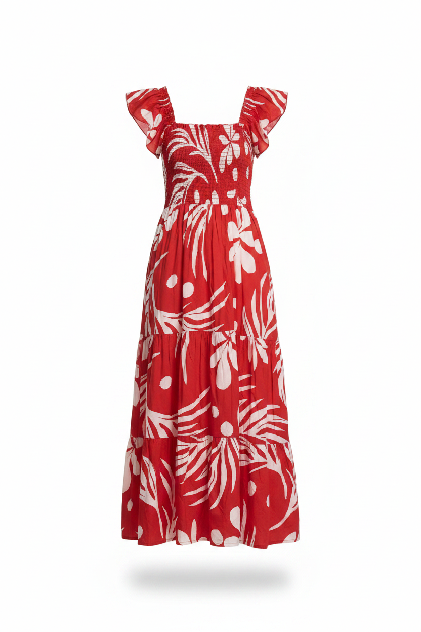 Women's PLUS Anthropologie Red Linen Cotton Blend tropical leaf print smocked maxi dress