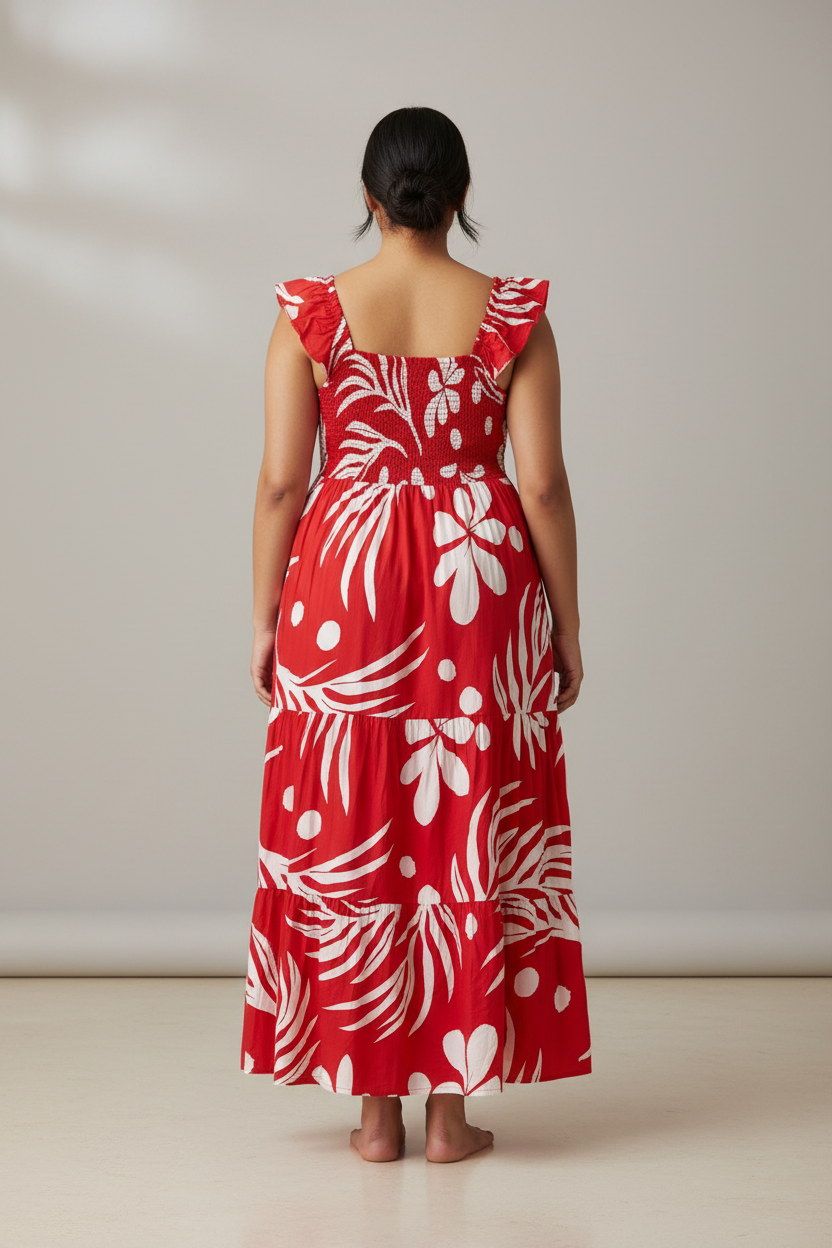 Women's PLUS Anthropologie Red Linen Cotton  Blend  tropical leaf print smocked maxi dress (Copy)