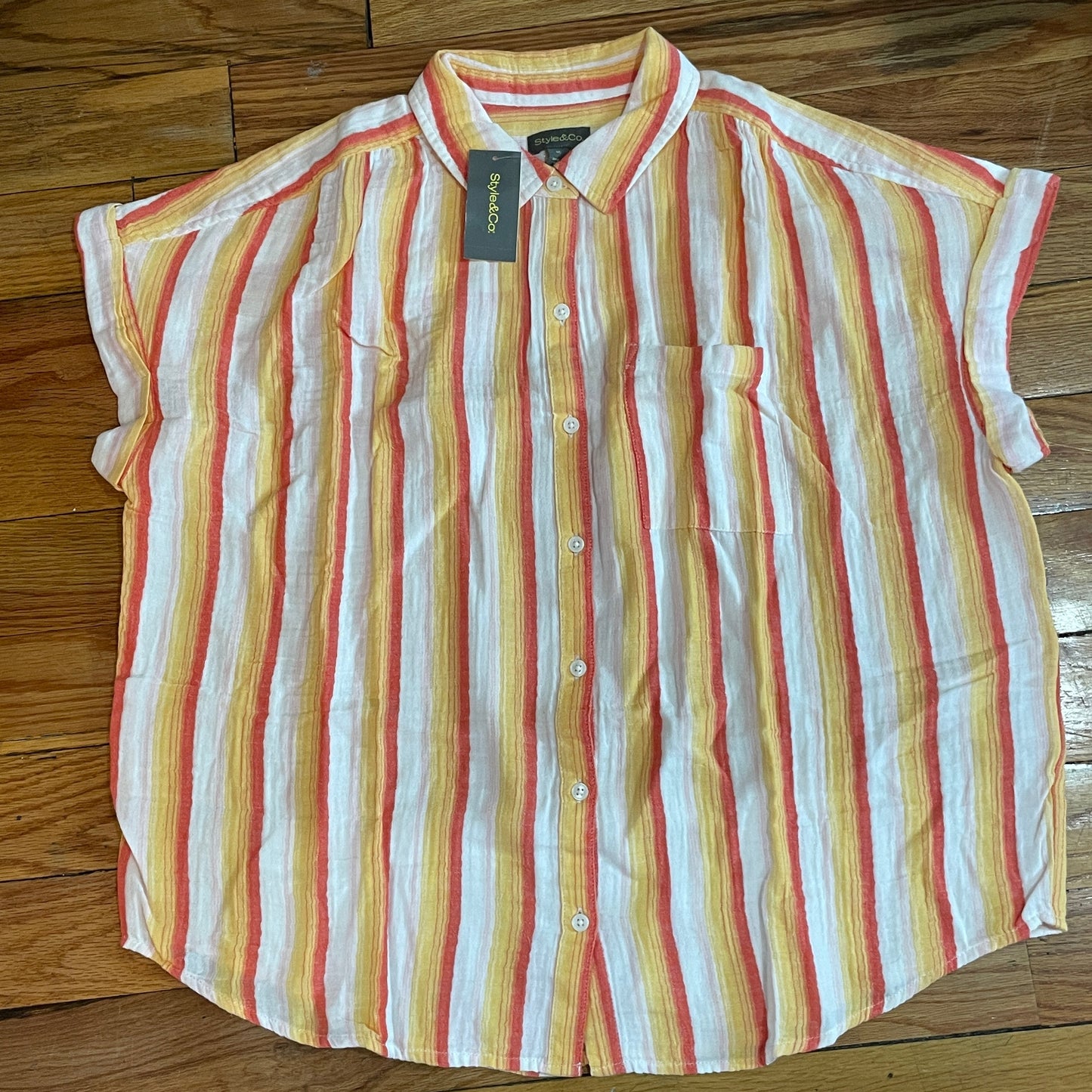 PLUS size Women's Striped Camp Short sleeve 100% Cotton  Shirt Orange
