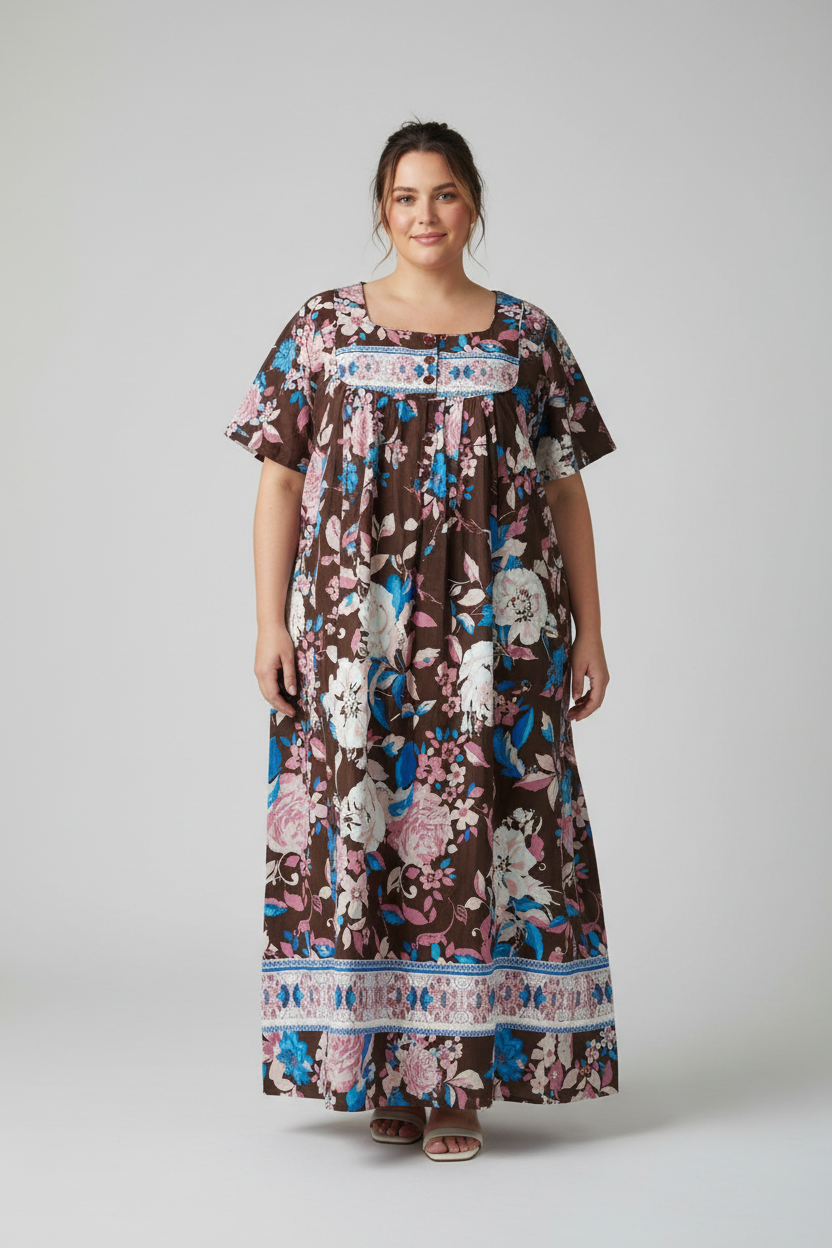 Women's PLUS Bib-Front Short Sleeve Maxi Lounger dress