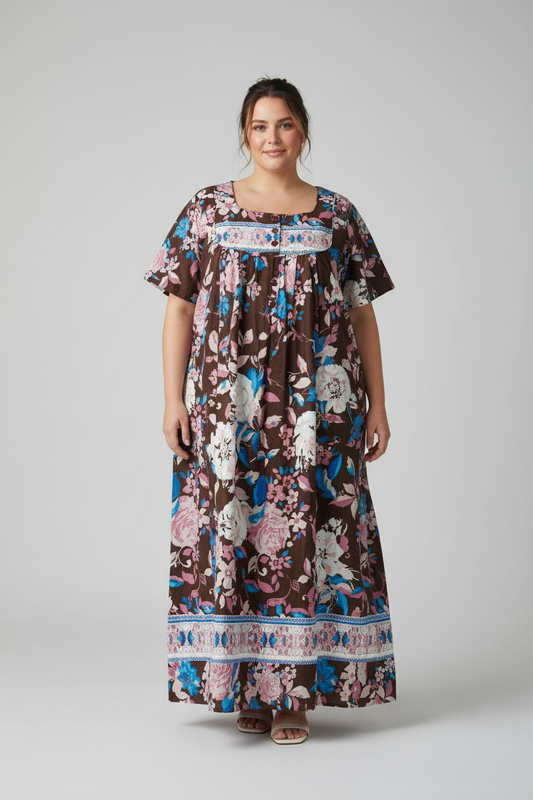 Women's PLUS Bib-Front Short Sleeve Maxi Lounger dress