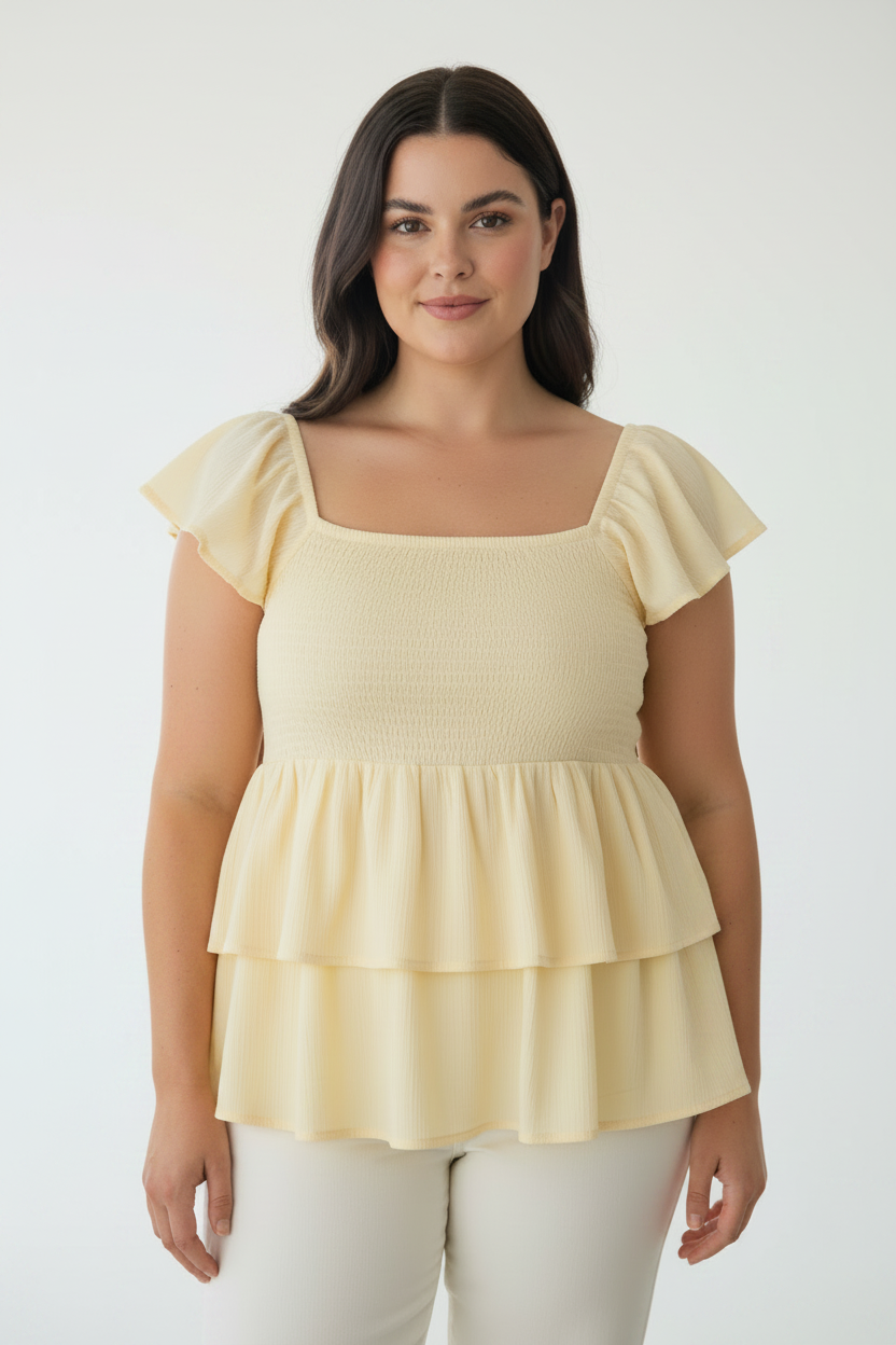 Women's PLUS  Sweetheart Neck Shirred Double Layer Ruffle Peplum Top blouse Yellow