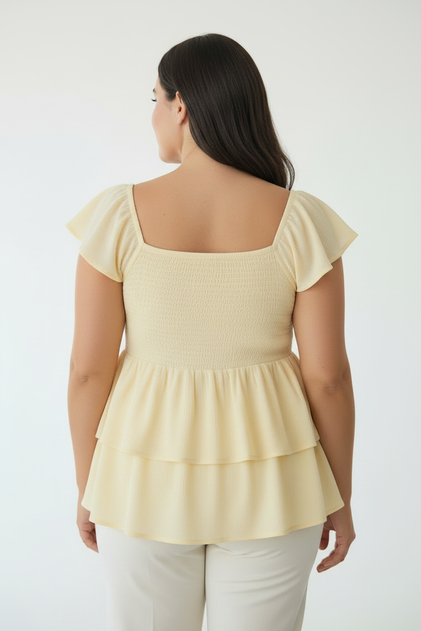 Women's PLUS  Sweetheart Neck Shirred Double Layer Ruffle Peplum Top blouse Yellow