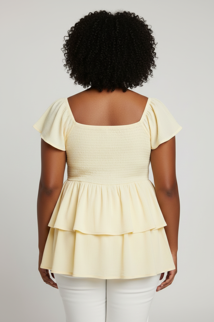Women's PLUS  Sweetheart Neck Shirred Double Layer Ruffle Peplum Top blouse Yellow