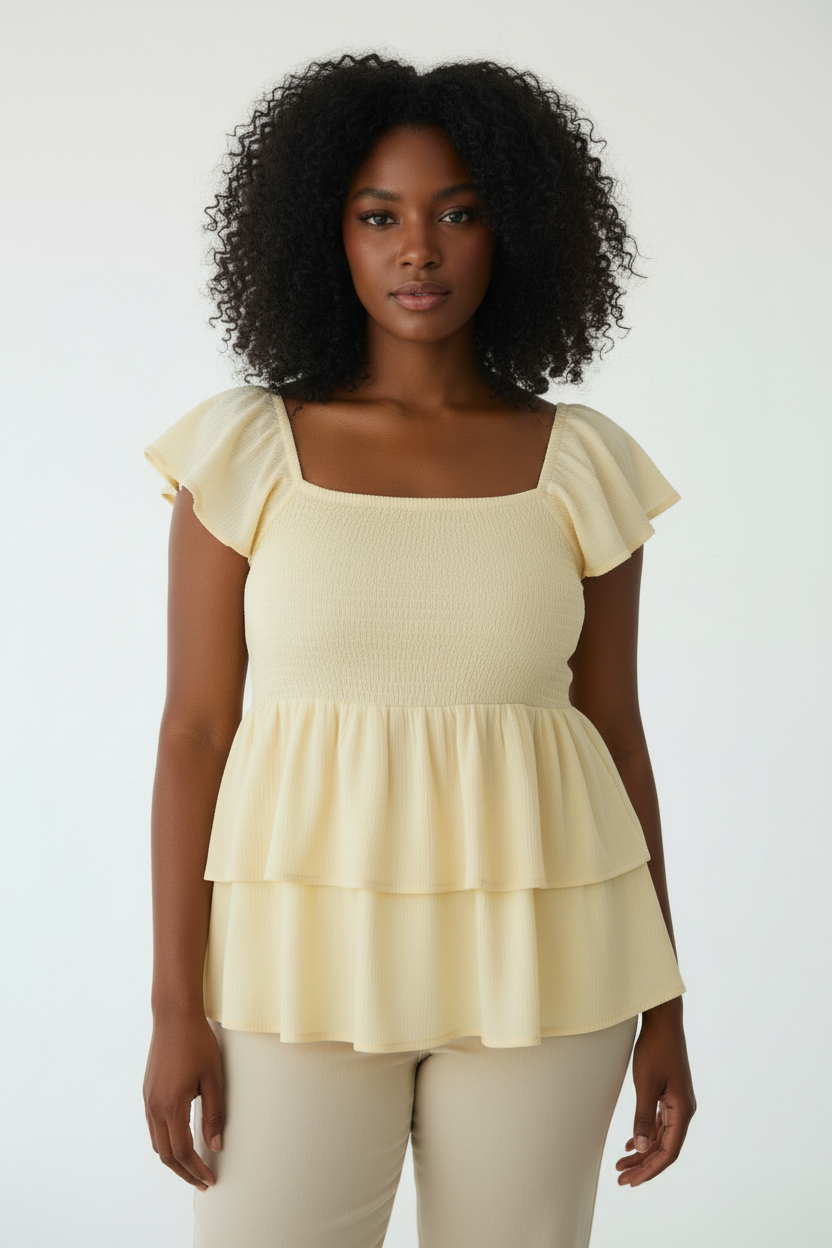 Women's PLUS  Sweetheart Neck Shirred Double Layer Ruffle Peplum Top blouse Yellow