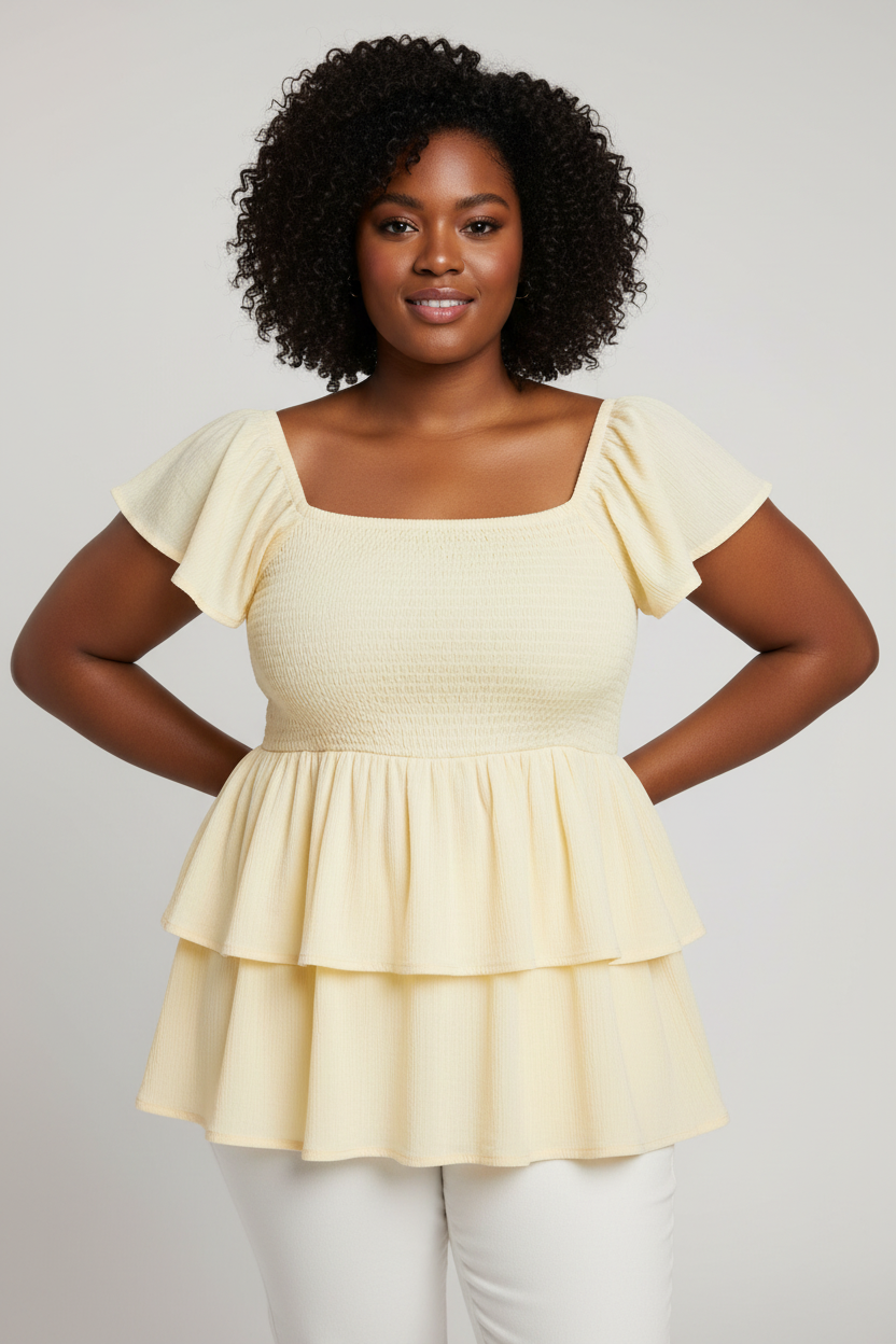 Women's PLUS  Sweetheart Neck Shirred Double Layer Ruffle Peplum Top blouse Yellow