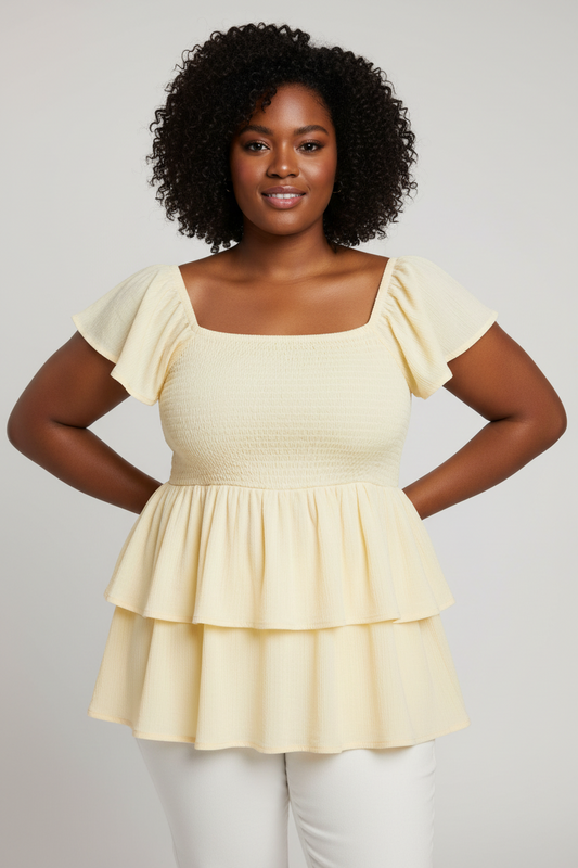 Women's PLUS  Sweetheart Neck Shirred Double Layer Ruffle Peplum Top blouse Yellow