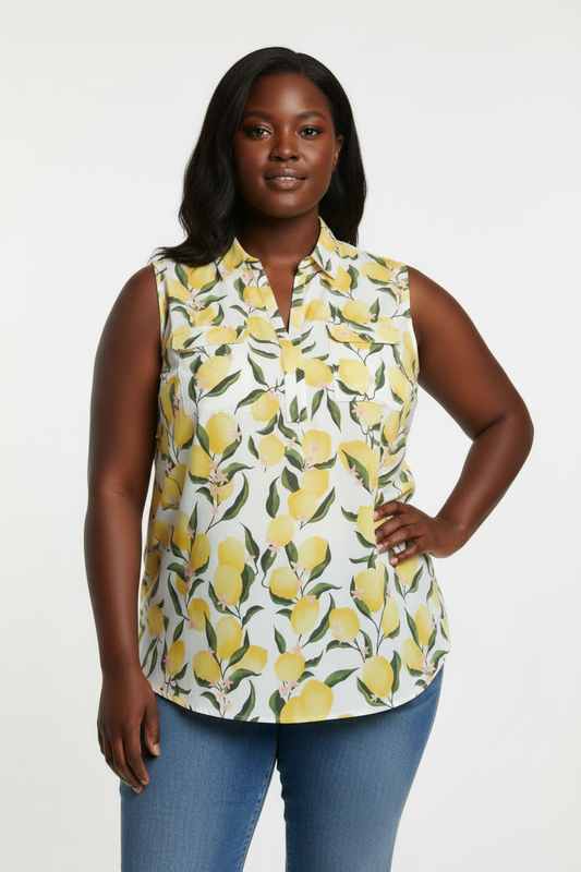 Women's PLUS  Lemon Button down Pocket Sleeveless  blouse Yellow