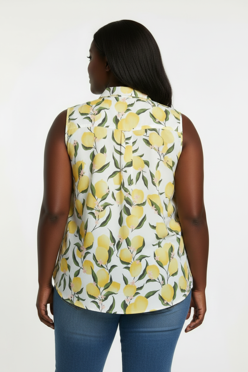 Women's PLUS  Lemon Button down Pocket Sleeveless  blouse Yellow