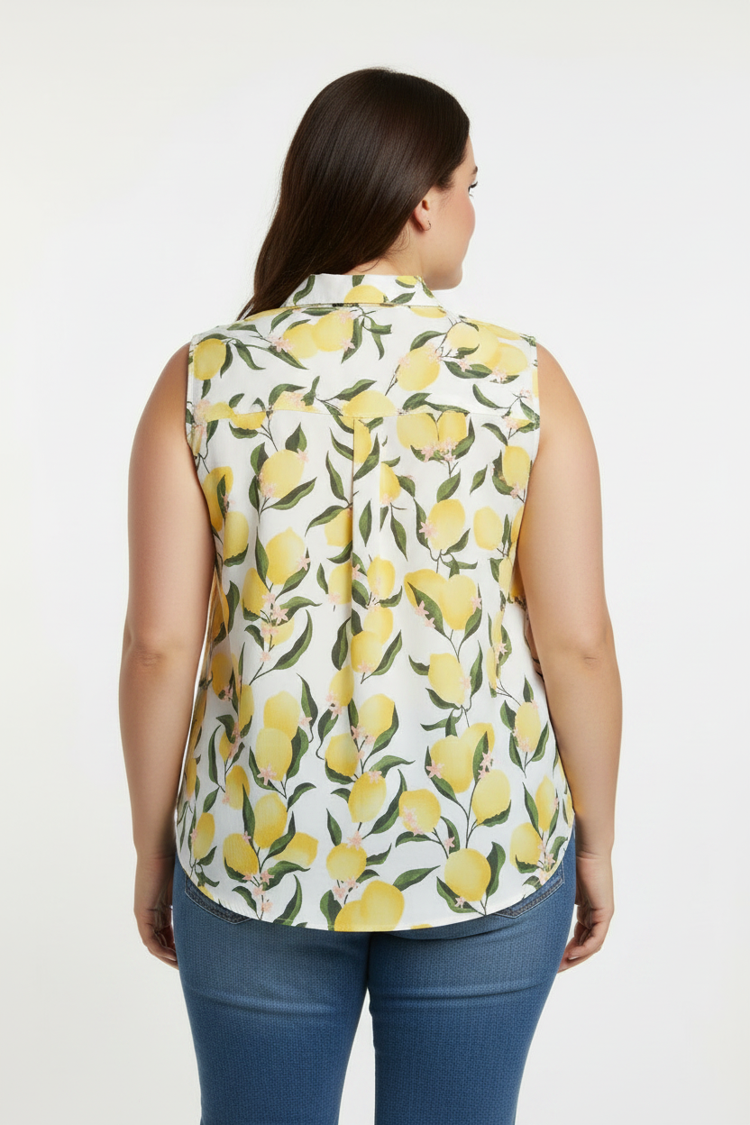 Women's PLUS  Lemon Button down Pocket Sleeveless  blouse Yellow