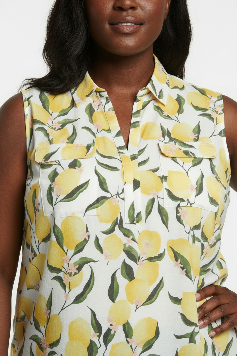 Women's PLUS  Lemon Button down Pocket Sleeveless  blouse Yellow