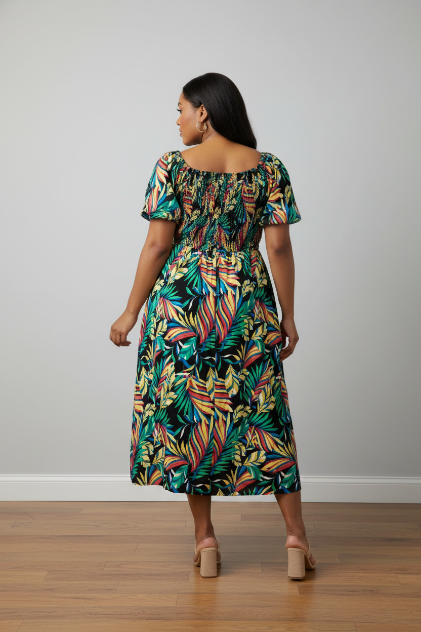 Women's PLUS Anthropologie Kindred black tropical leaf print smocked maxi dress