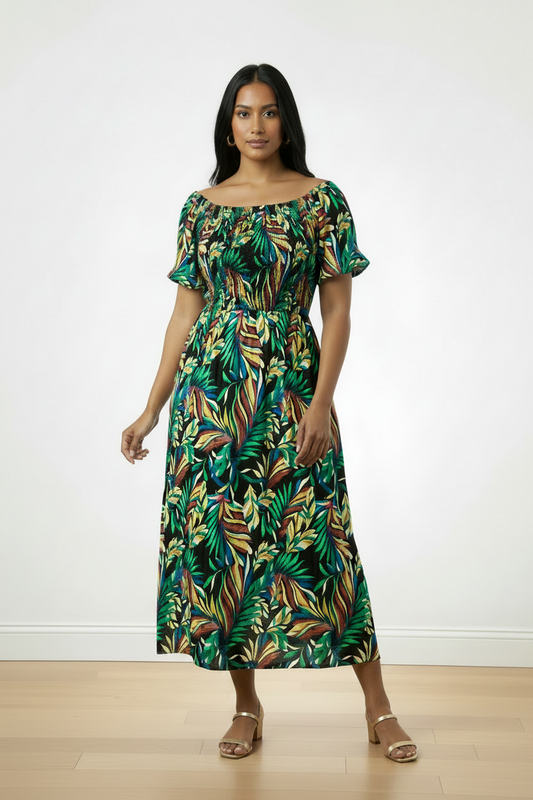 Women's PLUS Anthropologie Kindred black tropical leaf print smocked maxi dress
