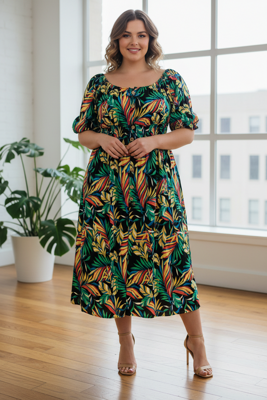 Women's PLUS Anthropologie Kindred black tropical leaf print smocked maxi dress