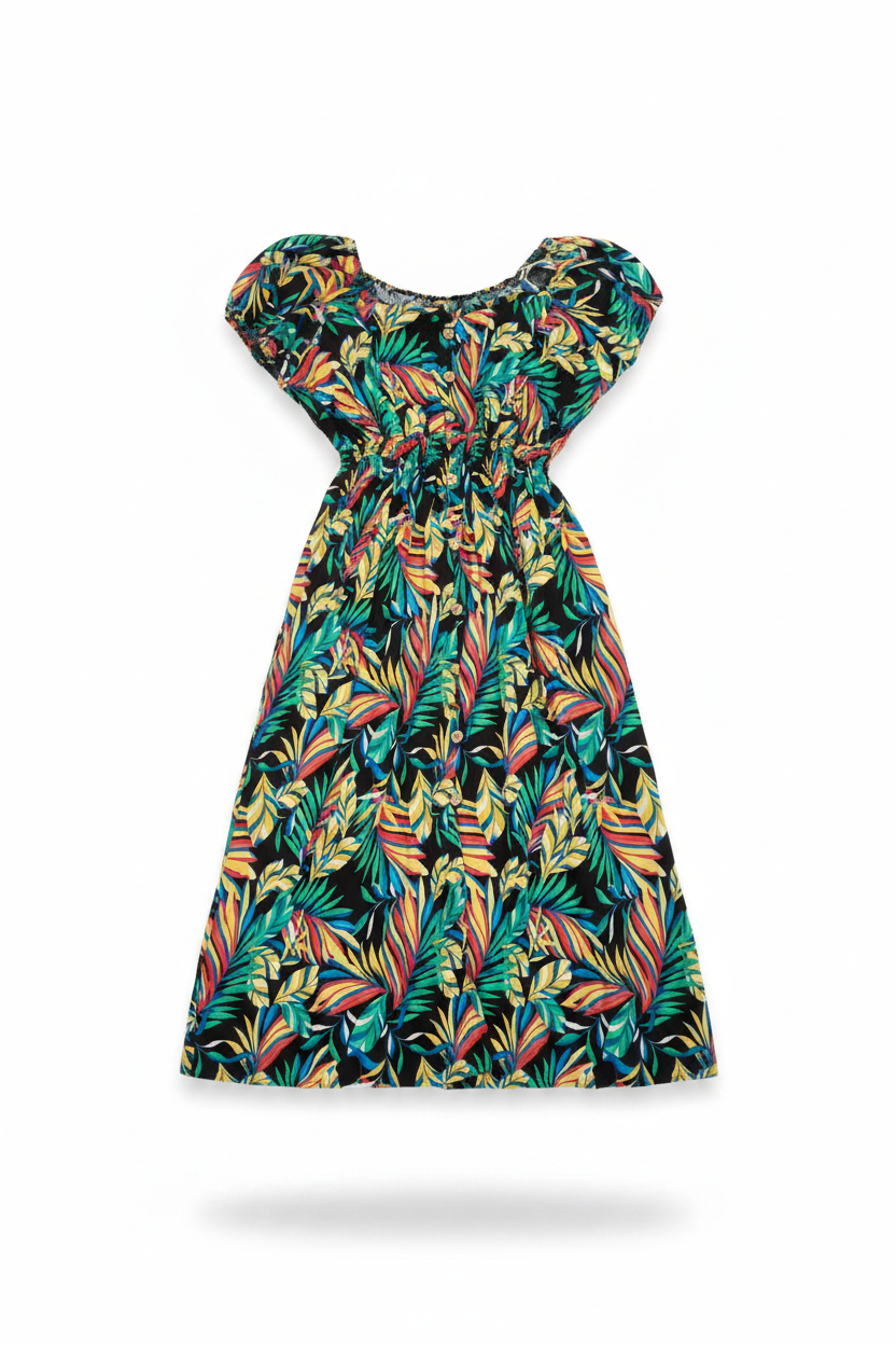 Women's PLUS Anthropologie Kindred black tropical leaf print smocked maxi dress