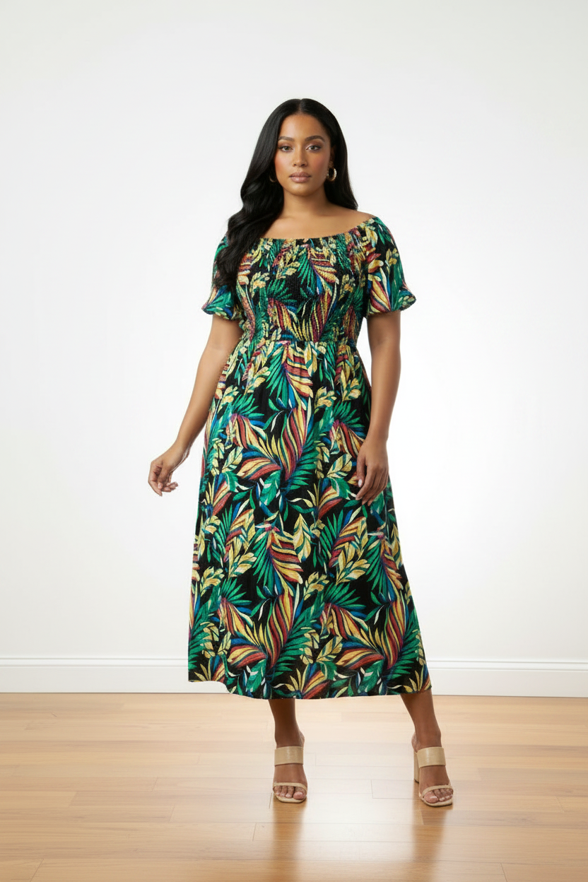 Women's PLUS Anthropologie Kindred black tropical leaf print smocked maxi dress