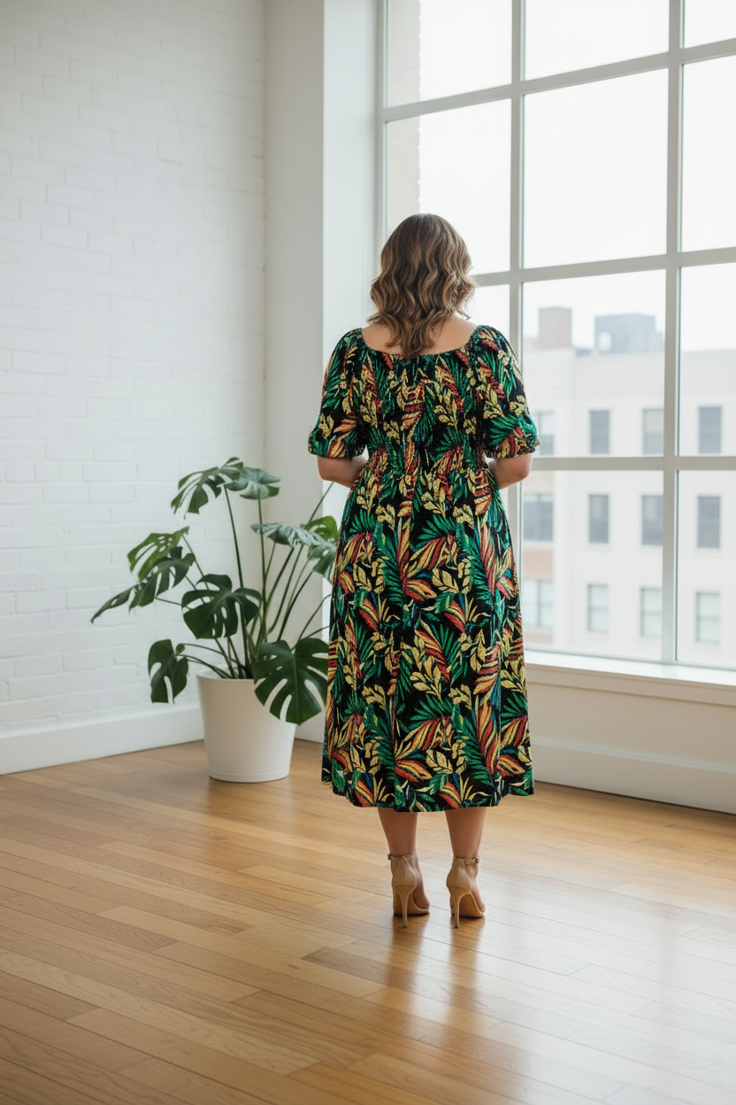 Women's PLUS Anthropologie Kindred black tropical leaf print smocked maxi dress