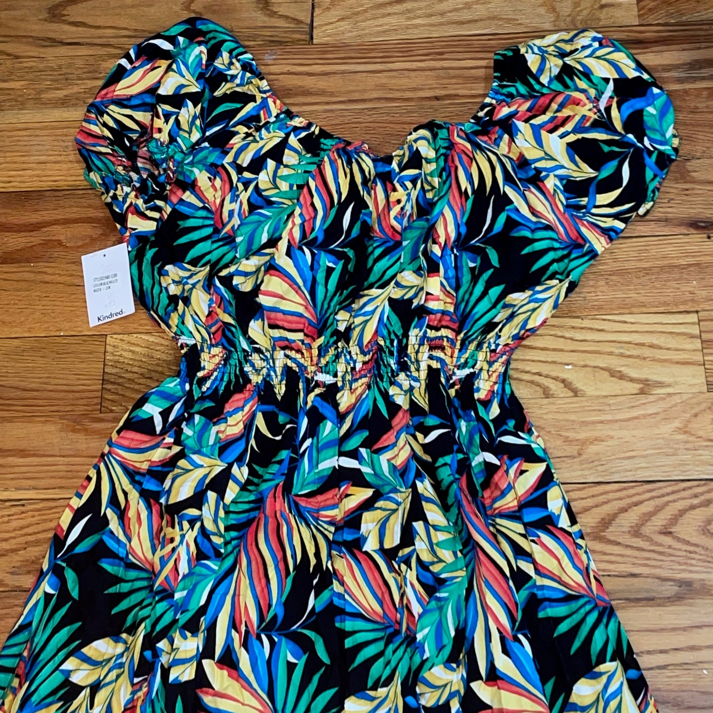 Women's PLUS Anthropologie Kindred black tropical leaf print smocked maxi dress