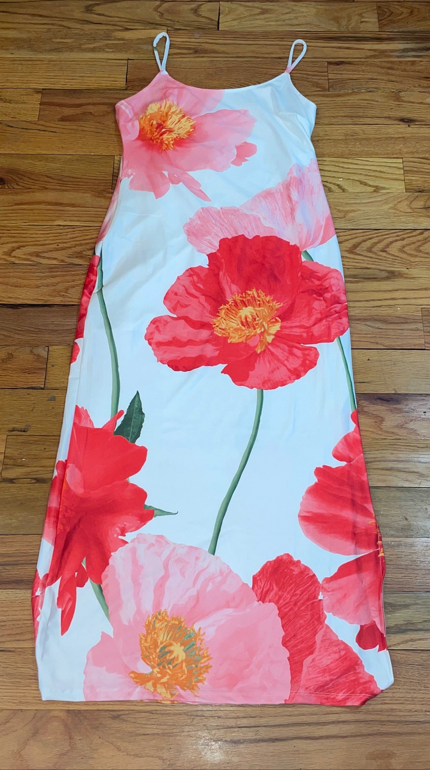Women's Large Flower Poppies Slit Slide Midi Dress