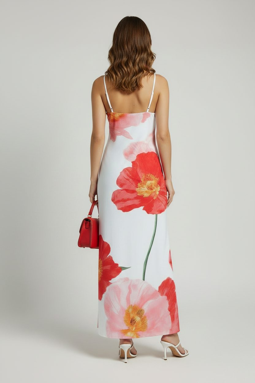 Women's Large Flower Poppies Slit Slide Midi Dress White