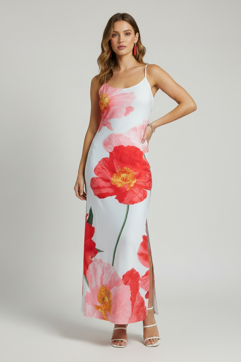 Women's Large Flower Poppies Slit Slide Midi Dress White