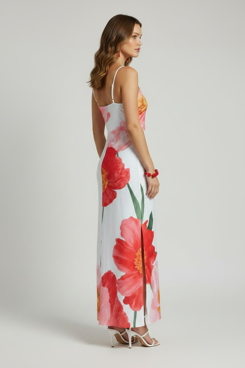 Women's Large Flower Poppies Slit Slide Midi Dress White