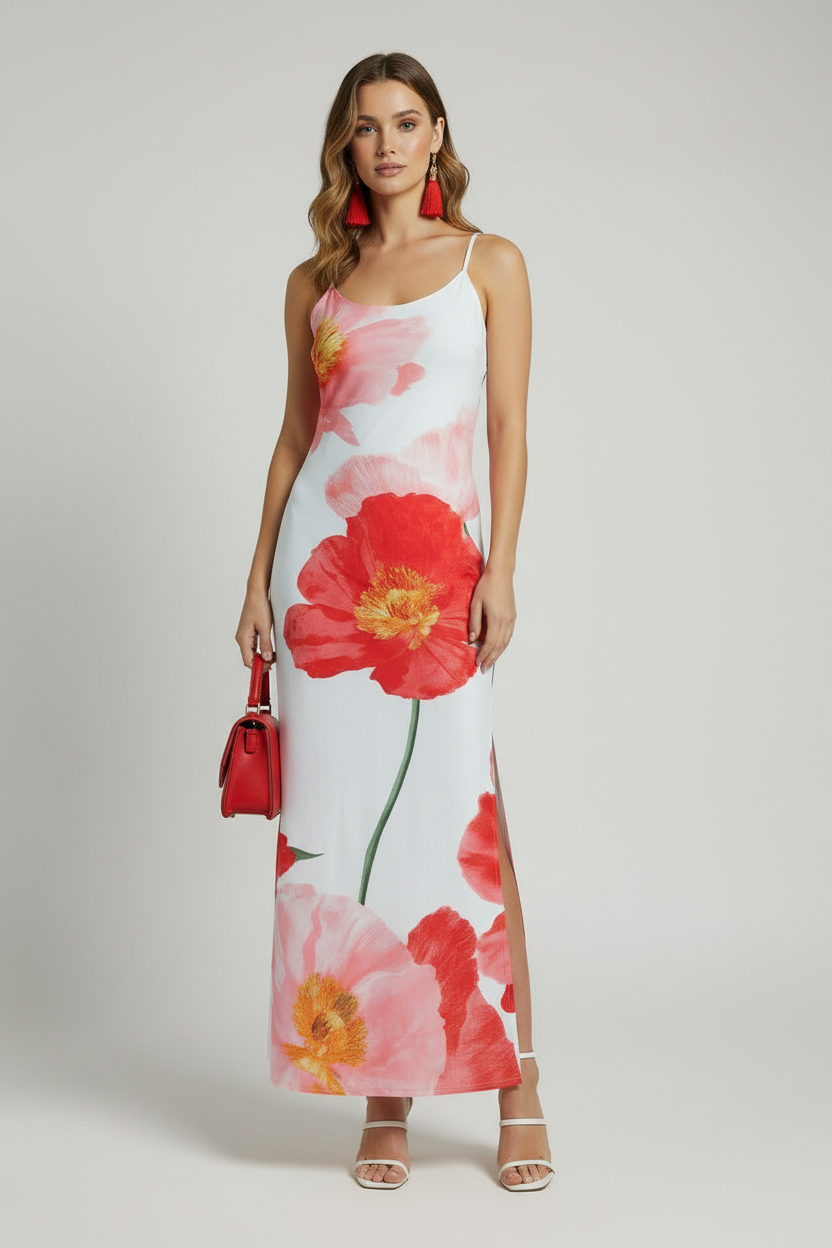 Women's Large Flower Poppies Slit Slide Midi Dress White