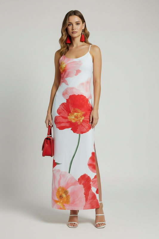 Women's Large Flower Poppies Slit Slide Midi Dress White