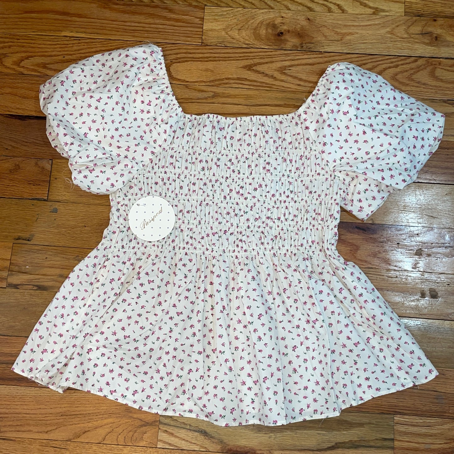 Women's  Puff Short Sleeve Floral Blouse for Women's Sweetheart Neck Shirred Ruffle Peplum Top
