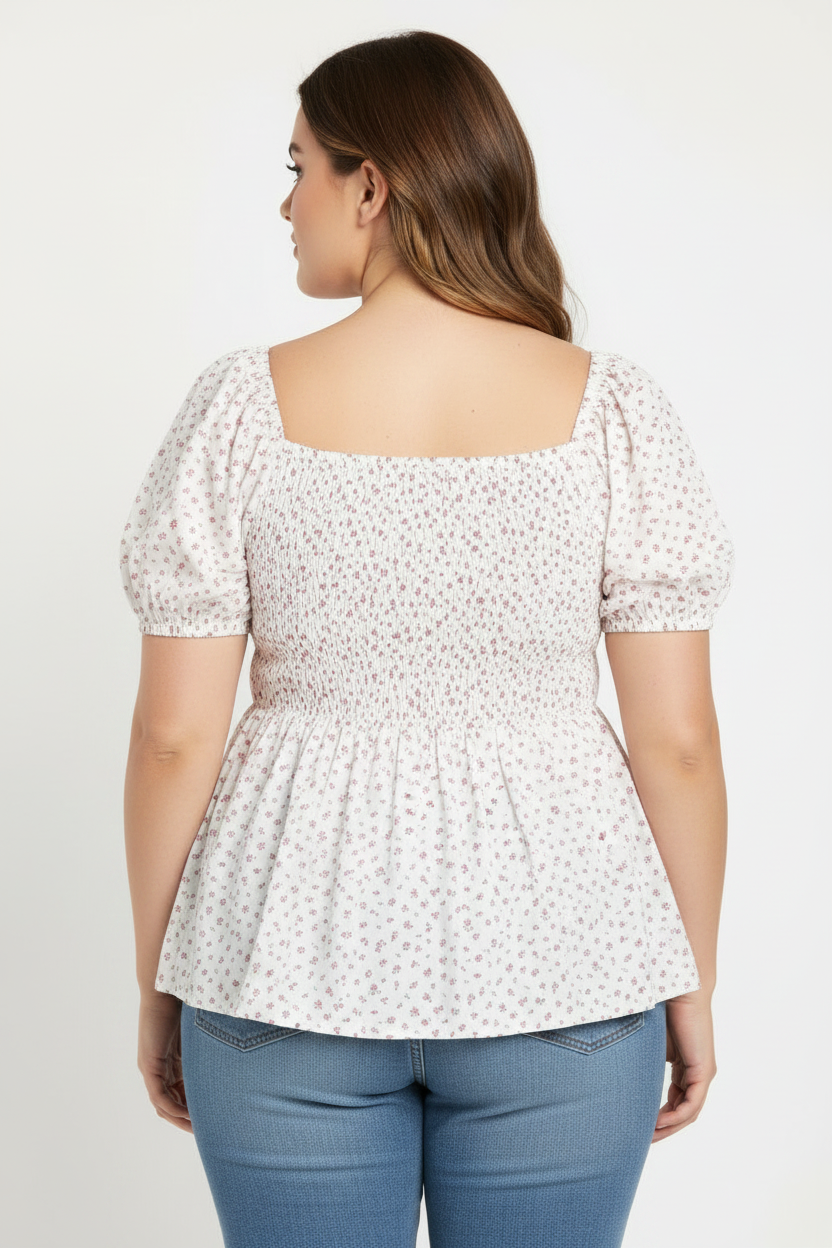 Women's  Puff Short Sleeve Floral Blouse for Women's Sweetheart Neck Shirred Ruffle Peplum Top