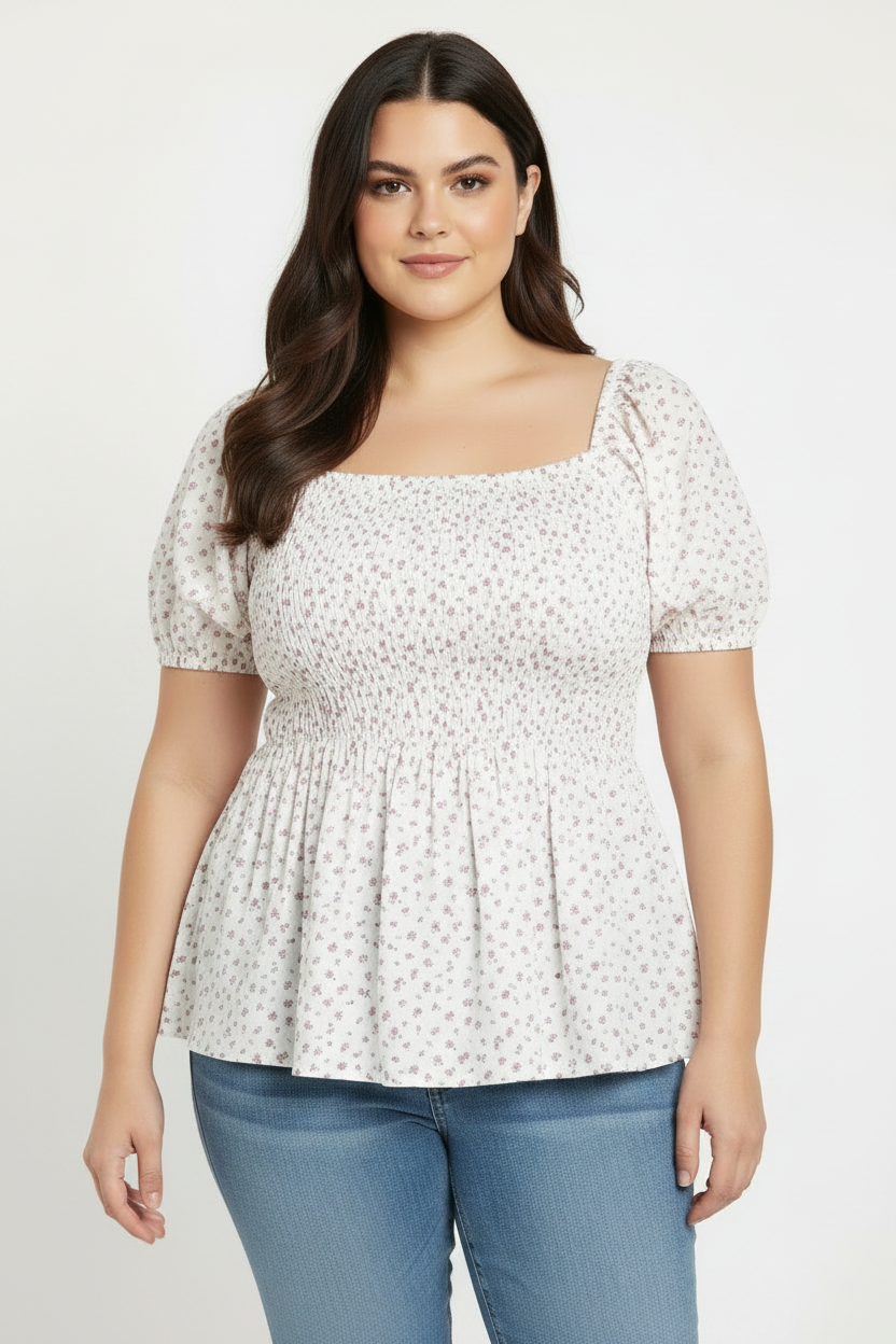 Women's  Puff Short Sleeve Floral Blouse for Women's Sweetheart Neck Shirred Ruffle Peplum Top