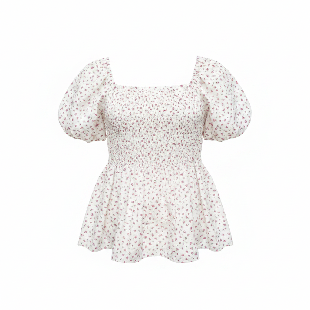 Women's  Puff Short Sleeve Floral Blouse for Women's Sweetheart Neck Shirred Ruffle Peplum Top
