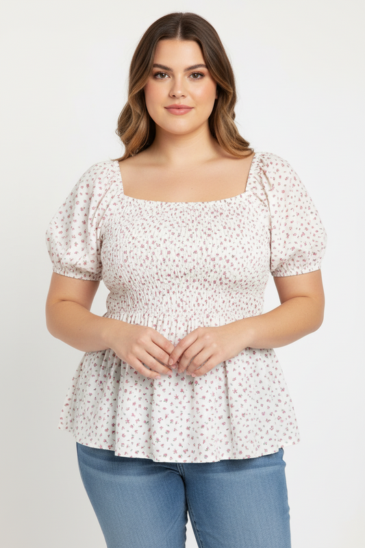 Women's  Puff Short Sleeve Floral Blouse for Women's Sweetheart Neck Shirred Ruffle Peplum Top