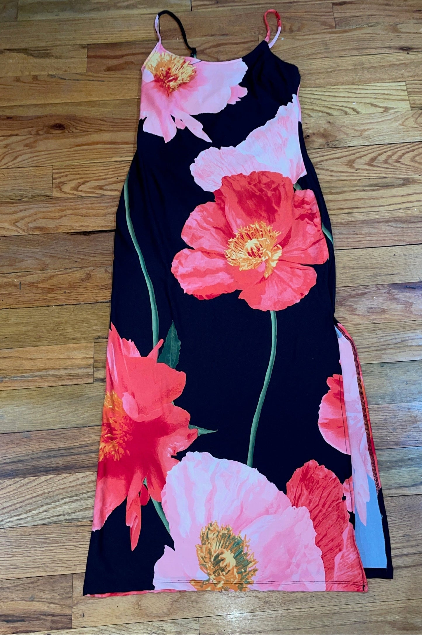 Women's Large Flower Poppies Slit Slide Midi Dress