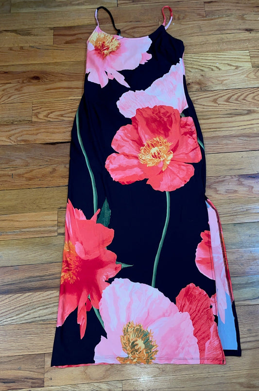 Women's Large Flower Poppies Slit Slide Midi Dress