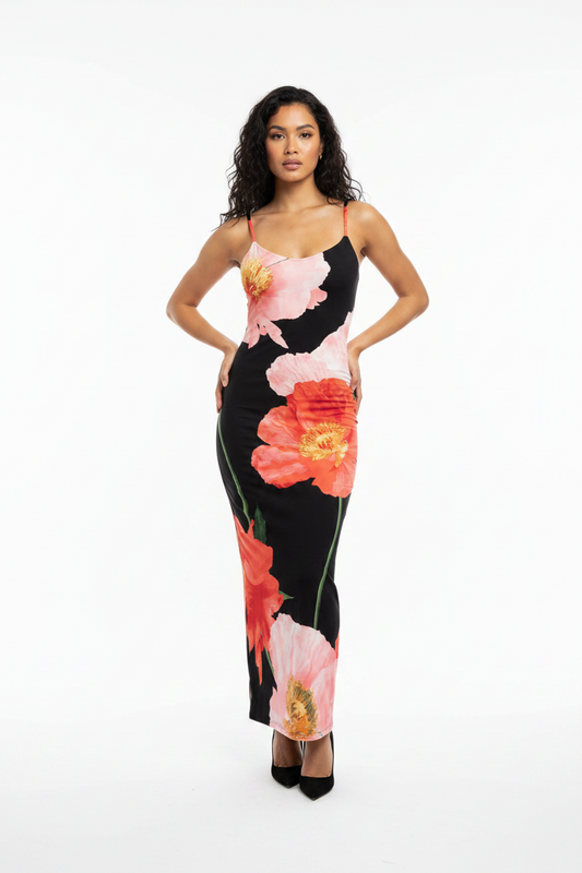 Women's Large Flower Poppies Slit Slide Midi Dress Black
