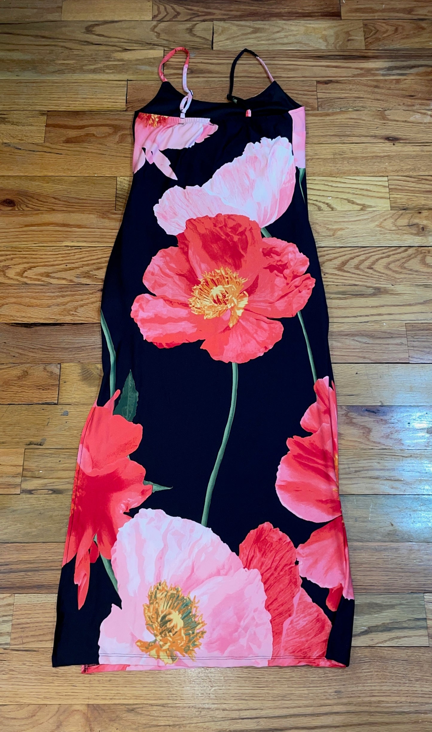 Women's Large Flower Poppies Slit Slide Midi Dress