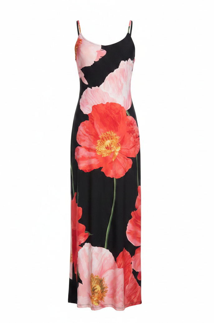 Women's Large Flower Poppies Slit Slide Midi Dress Black